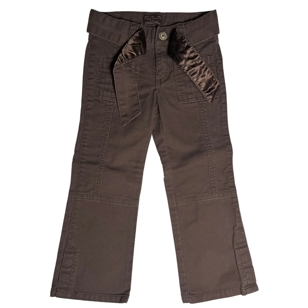 Old Navy Toddler Girls Brown Cargo Pants Size 4T Cotton Twill Satin Tie Waist